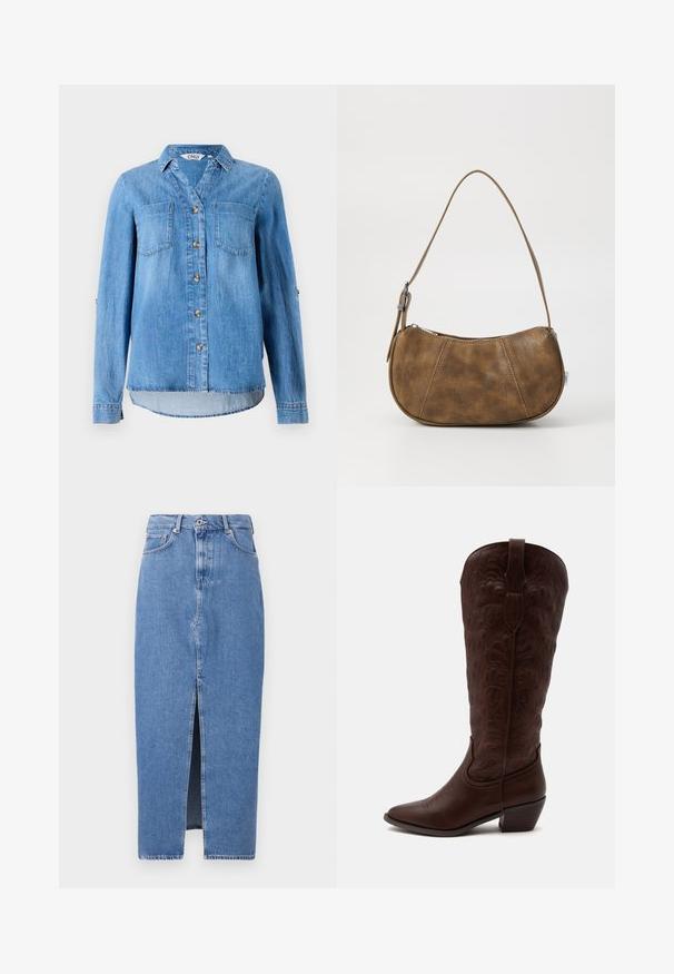 Lys blå denimskjorte med knaplukning foran, to brystlommer og ærmer som kan rulles op med knapdetaljer.; Lyseblå denim midi-nederdel med en frontslids, klassisk fem-lomme design og lukning med topknap. Stoffet har en let struktur.; Høj brun læder cowboystøvle med detaljerede sømme, en spids tå og en blok hæl på en ensartet lys baggrund.; Brun faux læder skuldertaske med en buet form, en enkelt strop, kontrasterende syninger og en lynlåslukning langs den øverste kant.