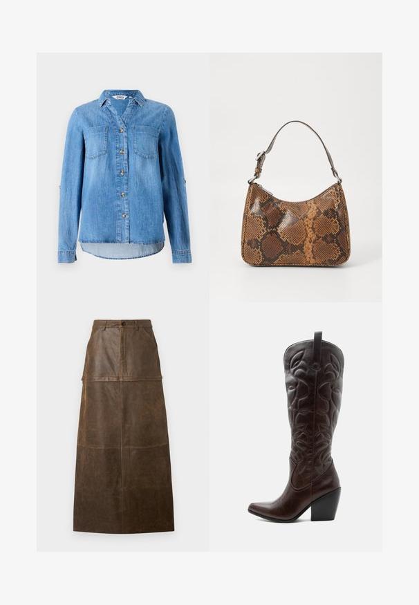 Lichtblauw denim overhemd met een knoopsluiting aan de voorkant, twee borstzakken en opgerolde mouwen met knoopdetail.; Bruine leren midi rok met een hoge taille, een voorzak en een zachte textuur met zichtbare stiksels.; Lange donkerbruine leren cowboylaars met gestikte decoratieve patronen, spitse neus en gestapelde blokhak.; Kleine handtas met een bruin en zwart slangenprintpatroon, korte verstelbare schouderriem en ritssluiting.