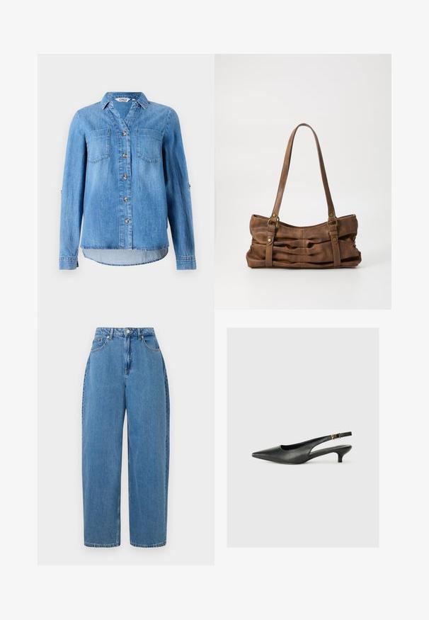 Hellblaues Denimhemd mit durchgehendem Knopfverschluss, zwei Brusttaschen und hochgerollten Ärmeln mit Knopfdetail.; Hellblaue Jeanshose mit geradem Bein, hoher Taille und Knopfverschluss vorne. Verfügt über fünf Taschen und minimale Nähte.; Schwarzer Slingback-Schuh mit spitzem Zehenbereich aus glattem Leder. Mit einem dünnen Absatz und einer dekorativen Schnalle am verstellbaren Riemen.; Even&Odd Handtasche - brown