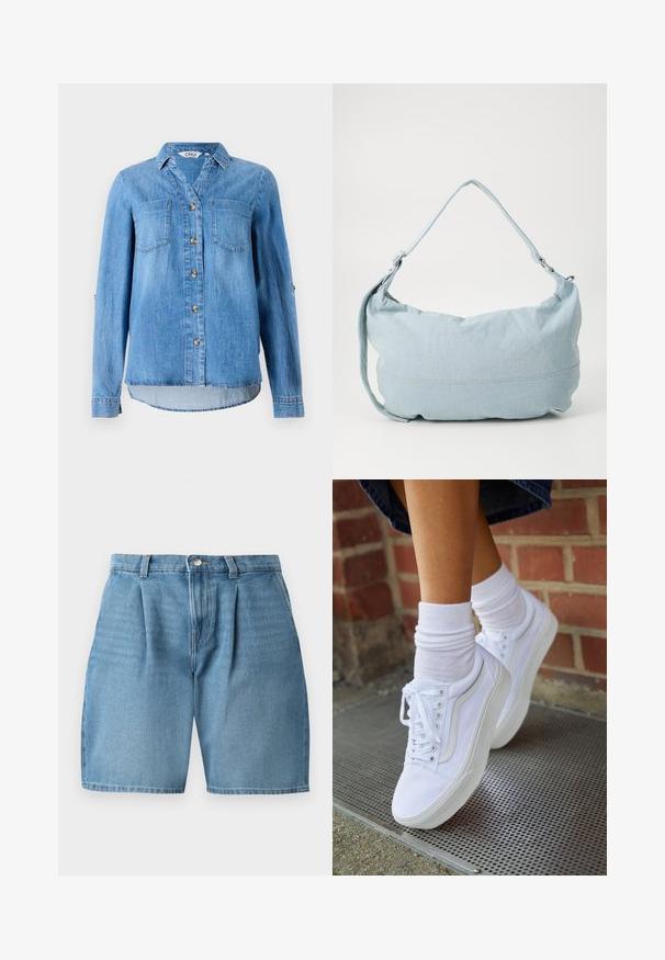 Chemise en denim bleu clair avec un devant à boutons, deux poches poitrine et des manches retroussées avec détail à bouton.; Shorts en denim bleu clair avec des plis avant, une fermeture à bouton et une couture classique. Le tissu a une texture lisse et une coupe droite.; Baskets en toile blanches avec semelles en caoutchouc, dotées de six œillets, d'un bout rond et de détails de couture légers, portées avec des chaussettes blanches mi-mollet.; Sac à dos en denim bleu clair de forme arrondie, avec une bandoulière ajustable et un subtil détail de couture le long du bas. Texture douce.