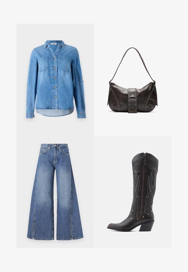 Chemise en denim bleu clair avec un devant à boutons, deux poches poitrine et des manches retroussées avec détail à bouton.; Jean en denim à jambes larges de couleur bleu clair. Fabriqué en coton texturé, avec une taille haute, des poches avant et des coutures latérales distinctes.; Bottes de cowboy en cuir marron avec surpiqûres en forme de flammes, fermeture éclair latérale, clous argentés, bout pointu et talon superposé.; Sac à épaule en cuir marron avec une forme courbée, présentant un détail de boucle proéminent, des coutures contrastantes et une seule bandoulière.