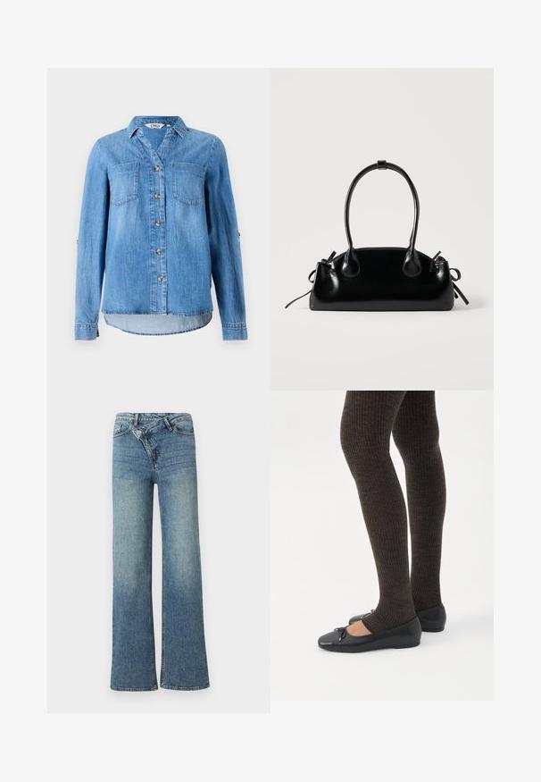 Lys blå denimskjorte med knaplukning foran, to brystlommer og ærmer som kan rulles op med knapdetaljer.; Lyseblå denim jeans med vide ben og høj talje, let falmet effekt og knaplukning foran. Har fem lommer og minimal syning.; Ben iført mørke ribbede leggings kombineret med sorte balletsko med små sløjfedetaljer på hvid baggrund.; Lille sort blank håndtaske med to lange håndtag og snøre-detaljer i siden på en ensfarvet lys baggrund.