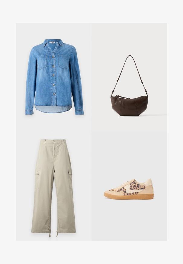 Hellblaues Denimhemd mit durchgehendem Knopfverschluss, zwei Brusttaschen und hochgerollten Ärmeln mit Knopfdetail.; Helle beige Cargo-Hosen mit lockerer Passform, ausgestattet mit einem Knopfverschluss, seitlichen Taschen und verstellbarem Saum mit Bändern. Glatte Stoffoberfläche.; Löwenmuster-Sneaker mit beige Wildleder-Obermaterial, tanfarbener Gummisohle und weißen Akzenten. Runde Zehenform und Schnürdesign mit strukturiertem Finish.; Braune Leder-Schultertasche mit gewölbtem Boden und verstellbarem Riemen vor einfarbig hellem Hintergrund.