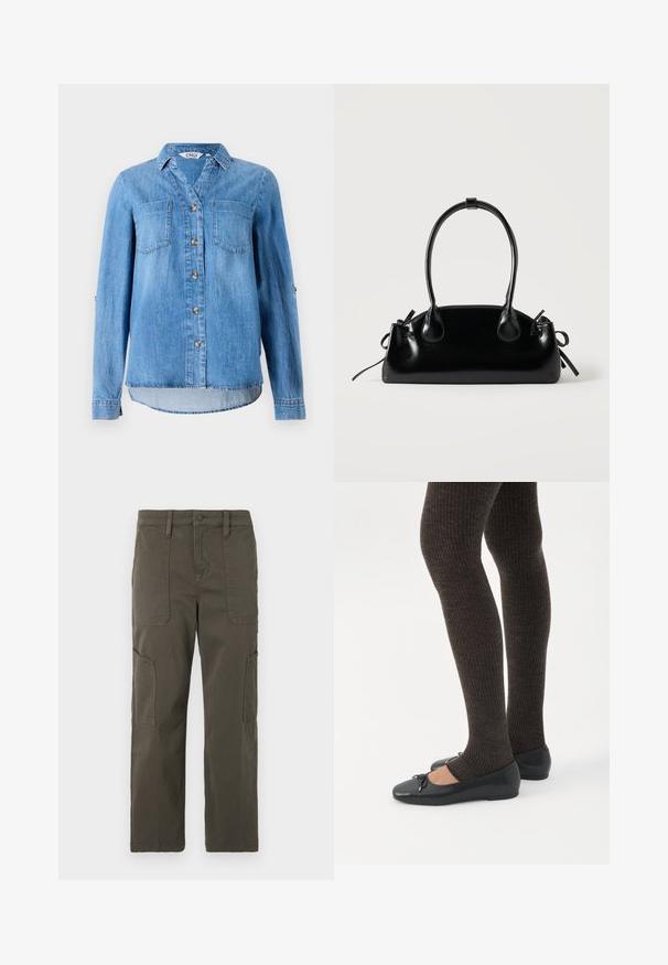 Lys blå denimskjorte med knaplukning foran, to brystlommer og ærmer som kan rulles op med knapdetaljer.; Good American CROPPED PANTS - Cargobukser - fatigue; Ben iført mørke ribbede leggings kombineret med sorte balletsko med små sløjfedetaljer på hvid baggrund.; Lille sort blank håndtaske med to lange håndtag og snøre-detaljer i siden på en ensfarvet lys baggrund.