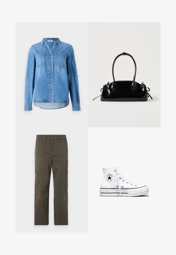 Lys blå denimskjorte med knaplukning foran, to brystlommer og ærmer som kan rulles op med knapdetaljer.; Good American CROPPED PANTS - Cargobukser - fatigue; Hvid højtop Converse Chuck Taylor All Star-sneaker med sort logo-patch og hvide snørebånd, vist på hvid baggrund.; Lille sort blank håndtaske med to lange håndtag og snøre-detaljer i siden på en ensfarvet lys baggrund.