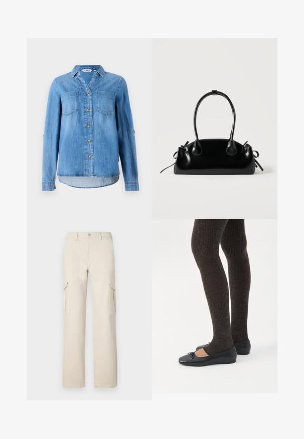 Chemise en denim bleu clair avec un devant à boutons, deux poches poitrine et des manches retroussées avec détail à bouton.; Pantalons cargo larges beiges en coton, avec deux poches latérales et une fermeture à boutons. Présente un design épuré et une silhouette droite.; Jambes portant des leggings côtelés foncés associés à des ballerines noires avec de petits détails en nœud sur fond blanc.; Petit sac à main noir brillant avec deux longues anses et des détails à cordon sur les côtés sur un fond clair uni.