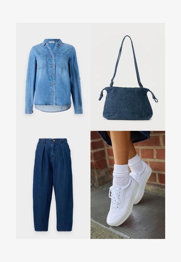 Lichtblauw denim overhemd met een knoopsluiting aan de voorkant, twee borstzakken en opgerolde mouwen met knoopdetail.; Donkerblauwe denimbroek met een ontspannen pasvorm, met plooien aan de voorkant, een knoopsluiting en taps toelopende pijpen.; Witte canvas sneakers met rubberen zolen, voorzien van zes vetertjes, een ronde neus en lichte stikdetails, gecombineerd met witte enkelsokken.; Donkerblauwe spijkerstof schoudertas met knoopdetails aan de band en een eenvoudig rechthoekig ontwerp tegen een witte achtergrond.