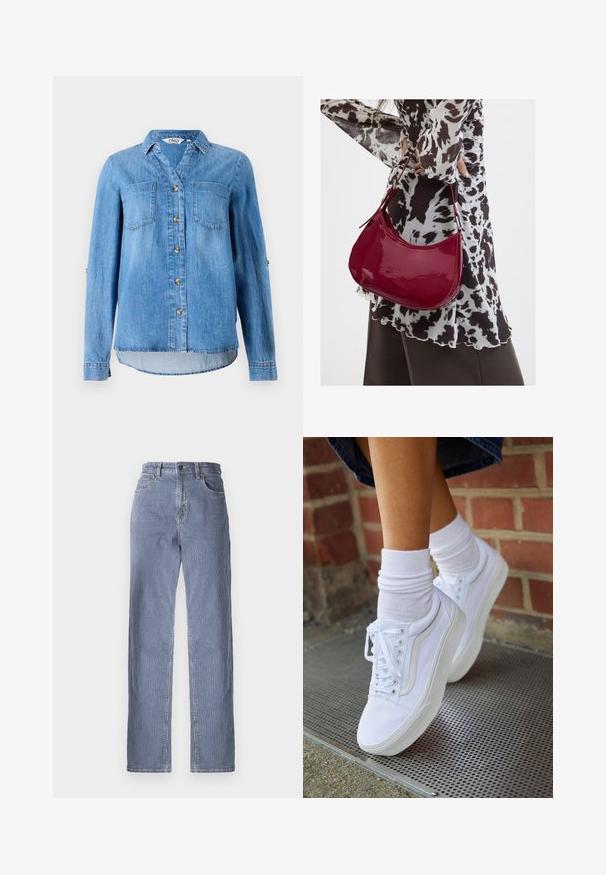 Hellblaues Denimhemd mit durchgehendem Knopfverschluss, zwei Brusttaschen und hochgerollten Ärmeln mit Knopfdetail.; Gestreifte Denim-Jeans mit geradem Bein, ausgestattet mit einem Knopf- und Reißverschluss, fünf Taschen und einem leichten Farbverlauf.; Weiße Leinensneaker mit Gummisohlen, ausgestattet mit sechs Ösen, runder Zehenpartie und dezenten Nähten, kombiniert mit weißen Knöchelsocken.; Frau trägt eine schwarz-weiß gemusterte Bluse und hält eine glänzende rote Schultertasche vor einem einfarbigen Hintergrund.