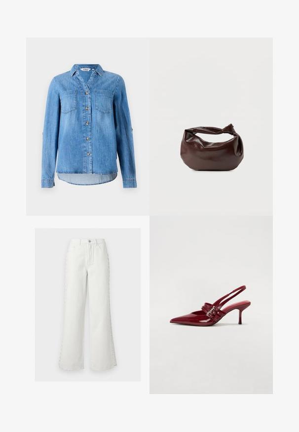 Lys blå denimskjorte med knaplukning foran, to brystlommer og ærmer som kan rulles op med knapdetaljer.; Hvide jeans med høj talje og vide ben, foran lommer, bæltestropper, knaplukning og dekorativ snøredetalje på siderne af begge ben.; Røde patenteret læder slingback hæle med spids tå, to spændebånd og en slank, mellemhøj stiletto hæl. Glat tekstur.; Mørkebrun læder skuldertaske med en blød, afslappet form og et snoet knudehåndtag på en ensartet hvid baggrund.