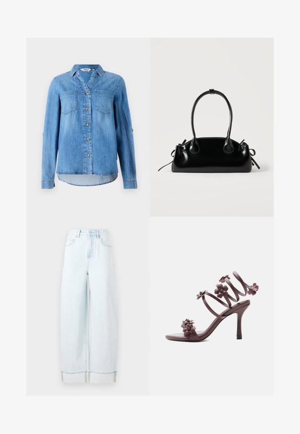 Chemise en denim bleu clair avec un devant à boutons, deux poches poitrine et des manches retroussées avec détail à bouton.; Jean large en denim bleu clair, doté d'une taille haute, de poches avant et d'un ourlet roulé avec des accents de couture visibles.; Sandale à talon haut mauve foncé avec bride de cheville en spirale et multiples décorations florales 3D sur les brides et la zone des orteils.; Petit sac à main noir brillant avec deux longues anses et des détails à cordon sur les côtés sur un fond clair uni.