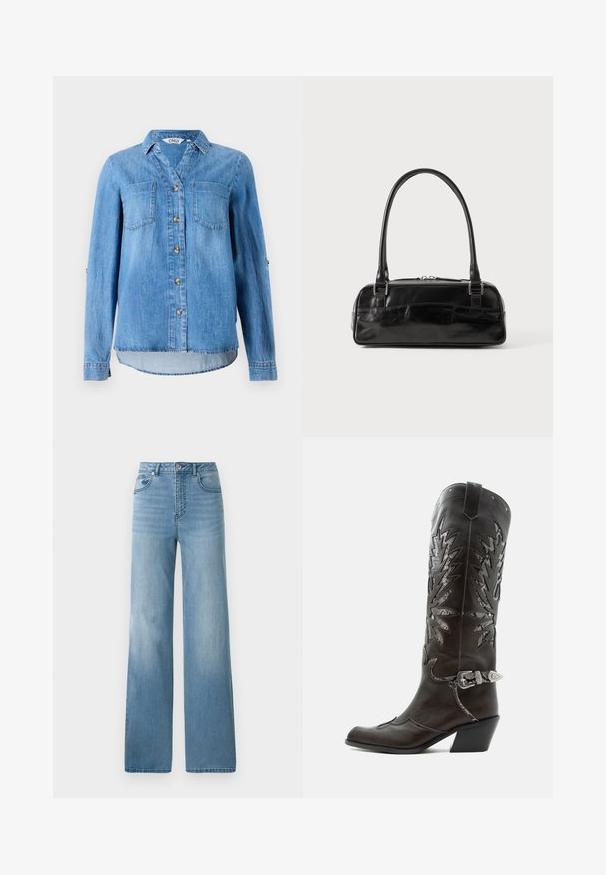 Lys blå denimskjorte med knaplukning foran, to brystlommer og ærmer som kan rulles op med knapdetaljer.; Lyseblå højtaljede jeans med lige ben. Fremstillet af denim, med fem lommer og knaplukning.; Sort læder cowboystøvle med dekorative udskæringer, sølvspænde og skrå hæl, vist på hvid baggrund.; Sort læderhåndtaske med rektangulær form, der har et enkelt struktureret håndtag, sølvhardware og lynlås-lukning. Glat tekstur.
