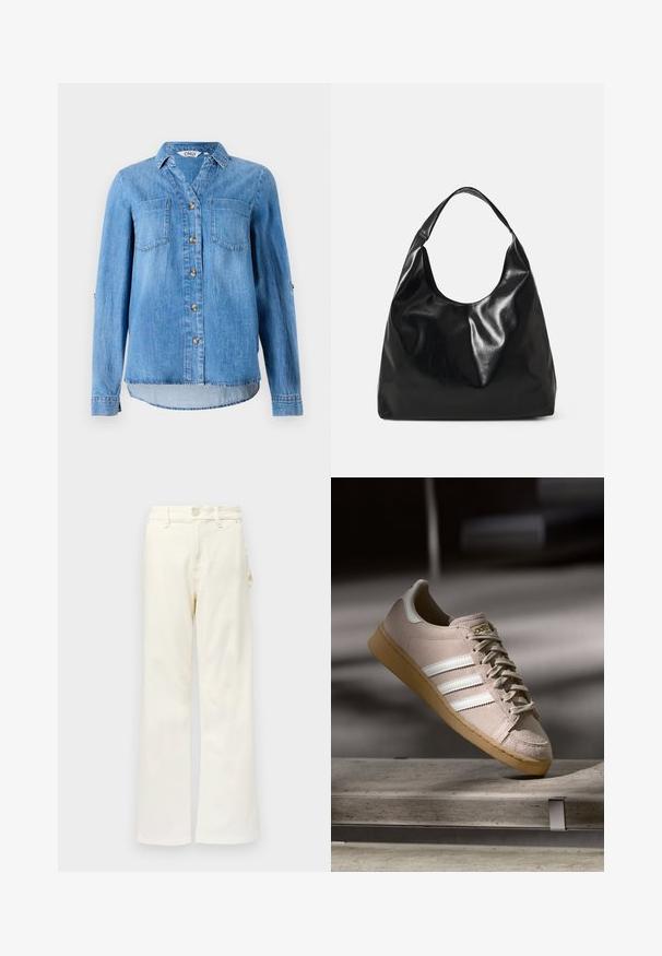 Vaaleansininen farkkupaita, jossa on napitettava etuosa, kaksi rintataskua ja käärittävät hihat, joissa on nappi yksityiskohtana.; Good American GOOD 90S CARPENTER - Leveälahkeiset - white denim; Vaalean beige nahkainen lenkkari, jossa on valkoiset raidat, kuminen pohja, pyöreä varvas ja litteät nauhat. Varustettu ommelluilla yksityiskohdilla ja kultaisella brändäyksellä.; Mustalainen nahkatyylinen hobo-laukku, jossa on pehmeä, kiiltävä pinta ja pyöreä, avoin yläosa. Varustettu leveällä, kaarevalla hihnalla kantamista varten. Ei näkyvää metalliosaa.