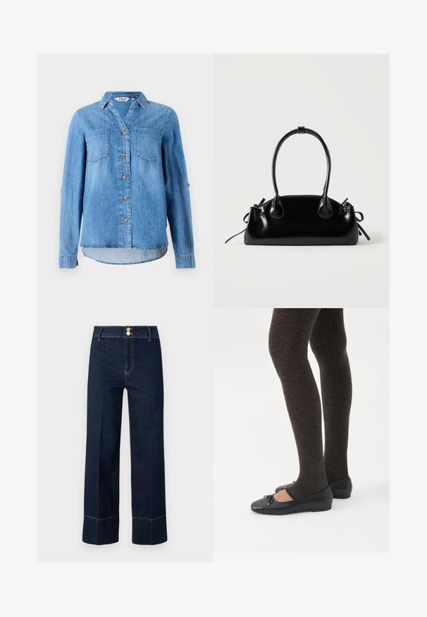 Chemise en denim bleu clair avec un devant à boutons, deux poches poitrine et des manches retroussées avec détail à bouton.; Jeans taille haute large bleu marine avec double bouton doré et surpiqûres orange visibles sur un fond clair.; Jambes portant des leggings côtelés foncés associés à des ballerines noires avec de petits détails en nœud sur fond blanc.; Petit sac à main noir brillant avec deux longues anses et des détails à cordon sur les côtés sur un fond clair uni.