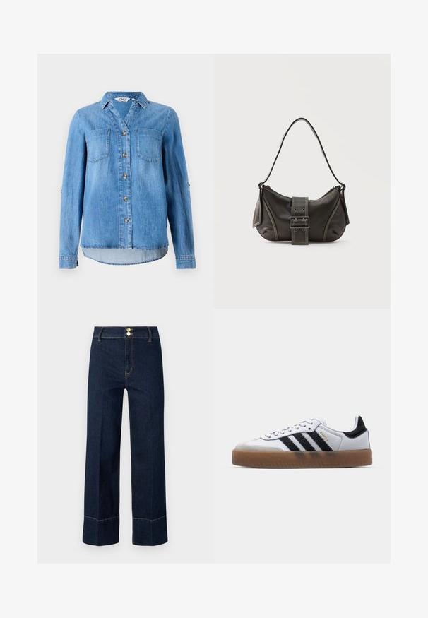 Chemise en denim bleu clair avec un devant à boutons, deux poches poitrine et des manches retroussées avec détail à bouton.; Jeans taille haute large bleu marine avec double bouton doré et surpiqûres orange visibles sur un fond clair.; Baskets en cuir blanc avec des rayures noires, semelle extérieure en caoutchouc beige, bout rond, fermeture lacée et embout en suède gris doux.; Sac à épaule en cuir noir avec une sangle à boucle, des bords arrondis et des coutures blanches contrastées sur un fond uni.
