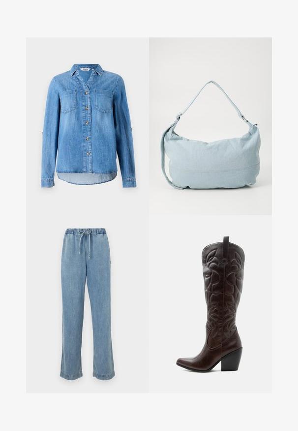 Hellblaues Denimhemd mit durchgehendem Knopfverschluss, zwei Brusttaschen und hochgerollten Ärmeln mit Knopfdetail.; Helle blaue Jeans mit elastischem Bund, Kordelzug und aufgerollten Säumen. Gerades Bein mit lässiger Passform.; Hoher dunkelbrauner Leder-Cowboystiefel mit gestickten dekorativen Mustern, spitzer Spitze und gestapeltem Blockabsatz.; Hellblaue Denim-Schultertasche mit runder Form, verstellbarem Gürtel und subtilen Nähten am unteren Rand. Weiche Textur.