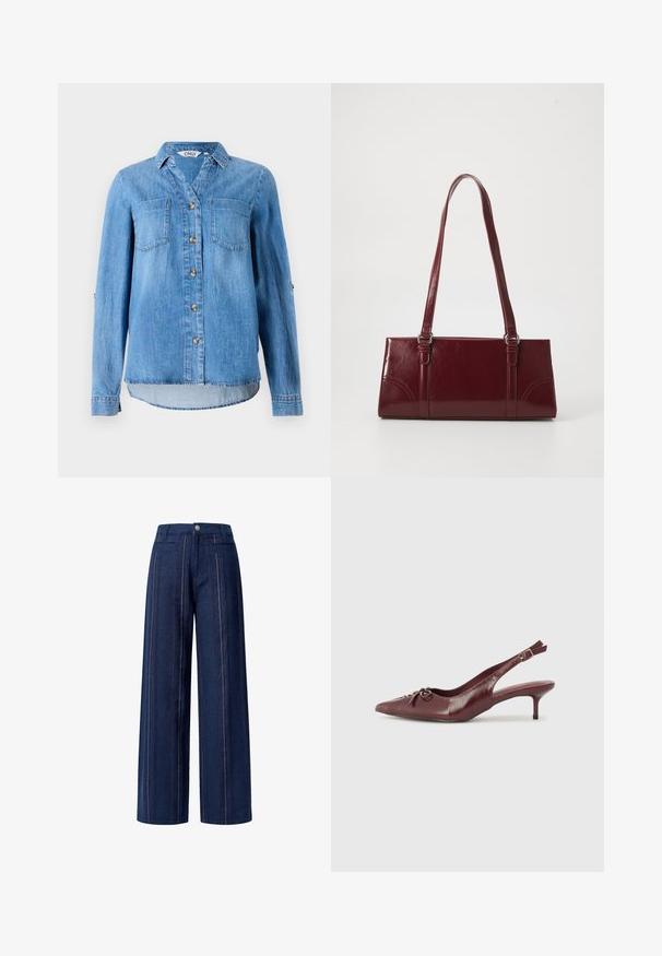 Lys blå denimskjorte med knaplukning foran, to brystlommer og ærmer som kan rulles op med knapdetaljer.; Bredde denimbukser i mørkeblå med lodrette striber i rød og hvid. Designet med en frontknap og hofte-lommer.; Bordeaux læder slingback hæl med spidse tå, justerbar rem og dekorativ sløjfedetalje foran. 7,5 cm hælhøjde.; Bordeaux håndtaske lavet af glansfuldt materiale, rektangulær form, med to skulderremme og subtile buede detaljer på forsiden.