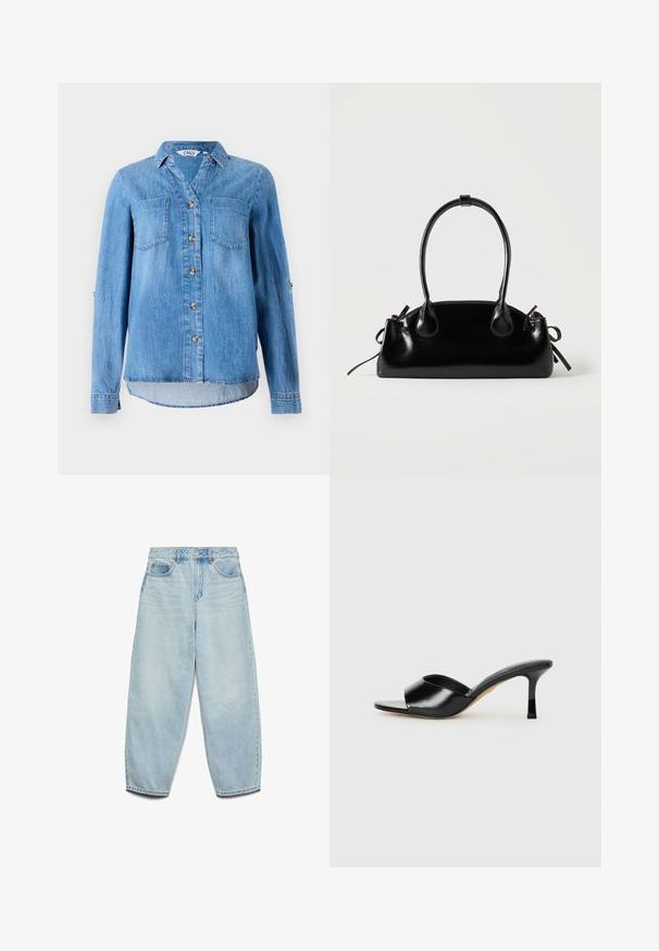 Hele sinine teksasülik, millel on nööpidega esipaneel, kaks rindu taskut ja üleskeeratavad varrukad koos nööbiga kaunistusega.; Heledad sinine denim naisest suits, millel on mugav lõige, kõrge talje ja laied jalad, kergelt kulunud tekstuuri ja klassikaline viie taskuga disain.; Must mustast kõrge kontsaga mulli nahast, avatud varbakujundusega ja laia, kaarduva ülemise rihmaga. Sile tekstuur ja sujuv siluett.; Väike must läikiv käekott kahe pika sangaga ja külgedel paelakinnitustega, ühel lihtsal helel taustal.