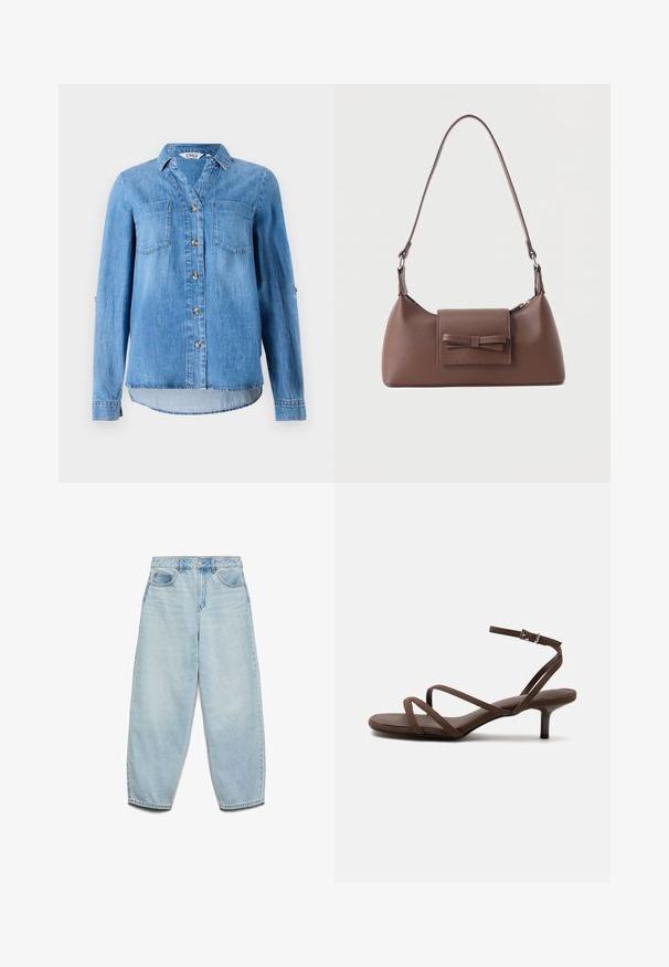Lichtblauw denim overhemd met een knoopsluiting aan de voorkant, twee borstzakken en opgerolde mouwen met knoopdetail.; Lichtblauwe denim jeans met een relaxte pasvorm, hoge taille en wijde pijpen met een licht vervaagde textuur en een klassiek vijfzakontwerp.; Bruine sandaal met hoge hak, dunne gekruiste bandjes en een enkelbandje met een zilveren gesp op een witte achtergrond.; Bruine leren schoudertas met een voorvak met klep en een gestikte strikdetail en een verstelbare band.