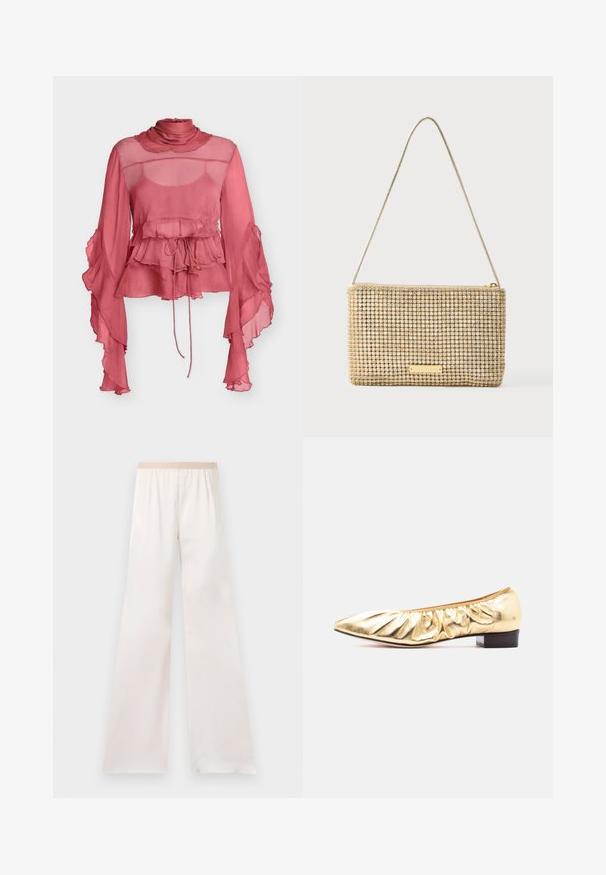 Blouse rose poussiéreux transparente avec col montant à volants, taille à volants superposés, manches évasées fluides et cordon de serrage ajustable à l'avant.; Pantalon ample couleur crème à taille haute avec une ceinture élastique beige, présenté sur un fond clair uni.; Chaussure plate à talon bas de couleur dorée avec un bout pointu et une tige en cuir froncée, présentée de profil sur un fond blanc uni.; Pochette dorée de forme rectangulaire, recouverte de strass argentés brillants. Dotée d'une fine bandoulière métallique et d'une fermeture éclair.