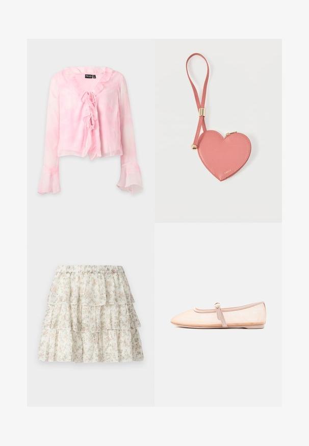 Blouse rose clair transparente avec manches longues évasées, col à volants et fermeture nouée à l'avant de la marque Pieces.; Jupe blanche avec un design en couches et volants. Présente un motif floral délicat en rose et vert. Taille élastique pour plus de confort.; Chaussure plate beige clair avec un bout pointu et une bride latérale avec boucle, présentée sur un fond blanc uni.; Pochette à pièces en cuir rose en forme de cœur avec sangle de poignet et fermeture éclair dorée, marquée d’un petit texte doré "Furla".