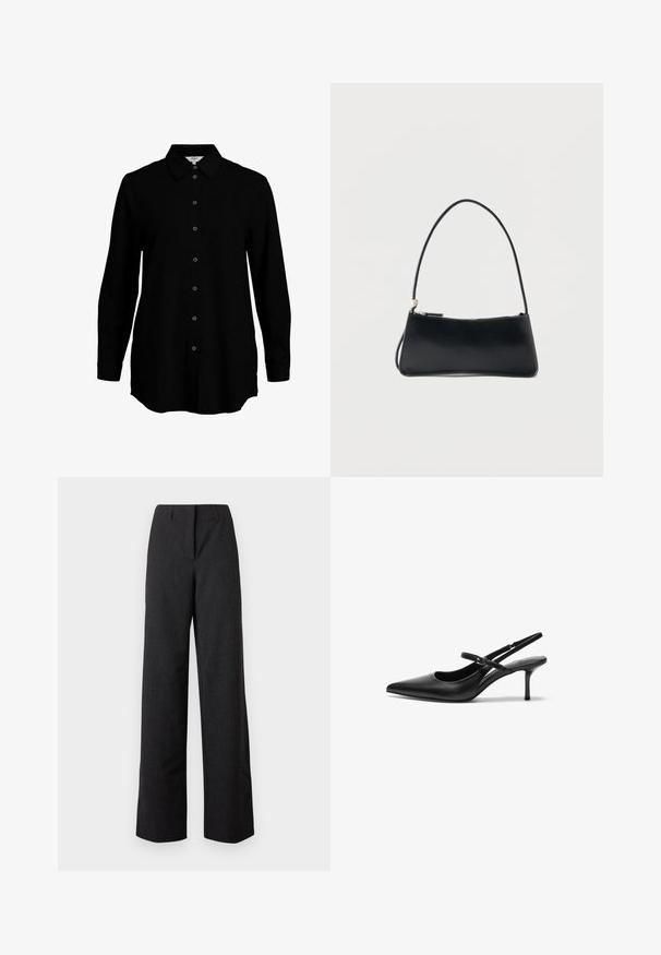 Chemise noire à manches longues avec un devant boutonné, col classique et texture de tissu douce. Présente des détails tissés discrets et des poignets étroits.; Pantalon large noir taille haute pour femme, avec une fermeture avant dissimulée et des passants pour ceinture.; Talons aiguilles noires en cuir avec un bout pointu, une fine bride réglable, et un talon aiguille d'environ 5 cm, texture lisse.; Sac à main rectangulaire noir avec une fine bandoulière et fermeture éclair, présenté sur un fond blanc uni.