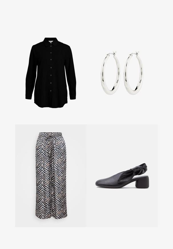 Chemise noire à manches longues avec un devant boutonné, col classique et texture de tissu douce. Présente des détails tissés discrets et des poignets étroits.; Pantalons larges en matériau léger, avec un motif zèbre noir et beige, dotés d'une taille élastique et d'un cordon de serrage.; Chaussure slingback en cuir noir avec bout arrondi, détail de bride nouée et petit talon carré sur fond blanc.; Boucles d'oreilles créoles en argent avec une finition lisse et brillante. Forme circulaire, dotée d'un fermoir sécurisé. Design simple et élégant.
