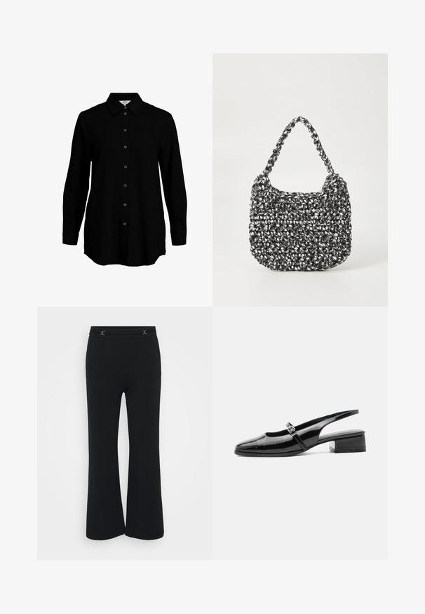 Chemise noire à manches longues avec un devant boutonné, col classique et texture de tissu douce. Présente des détails tissés discrets et des poignets étroits.; Pantalons noirs évasés en tissu doux avec une taille plate présentant deux accents décoratifs en argent à l’avant, texture lisse et sans poches.; Chaussure slingback en cuir verni noir avec un petit talon bloc et une fine bride avec une boucle argentée sur le dessus.; Sac en osier noir et blanc de forme arrondie, avec une surface texturée et une poignée tressée. Convient à un usage décontracté.