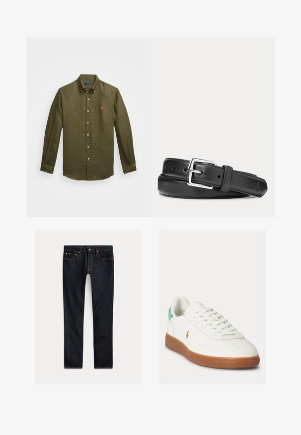Olivenfarget langermet skjorte laget av lin med knappekrage, har hvite knapper og en liten oransje logo på brystet.; Mørkeblå slim-fit jeans med fem lommer, knappelukking og kontrastsøm, lagt flatt på en lys bakgrunn.; Hvit snøresneaker med brun gummisåle, grønn hælflik og liten gullfarget polo-spilllogo på yttersiden.; Sort lærbelte med sølv rektangulært spenne, rullet sammen på hvit bakgrunn, med subtil preget logo på tuppen.