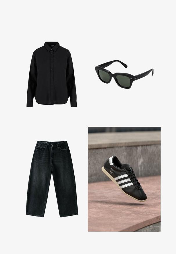 Zwarte lange mouwen blouse met knopen, gemaakt van katoen, met een klassieke kraag, voorknoopsluiting en een ontspannen pasvorm met een gebogen zoom.; Zwarte wijde denim jeans met knoop en rits aan de voorkant, riemlussen en een ontwerp met vijf zakken op een witte achtergrond.; Zwarte leren sneaker met witte strepen en zool, veters gestrikt, zwevend boven een rozeachtig betonnen oppervlak met een grijze stenen muur op de achtergrond.; Zwarte vierkante zonnebril met donker groene lenzen, uitgerust met gedurfde monturen en zilveren accenten aan de zijkanten. Gemaakt in Italië.