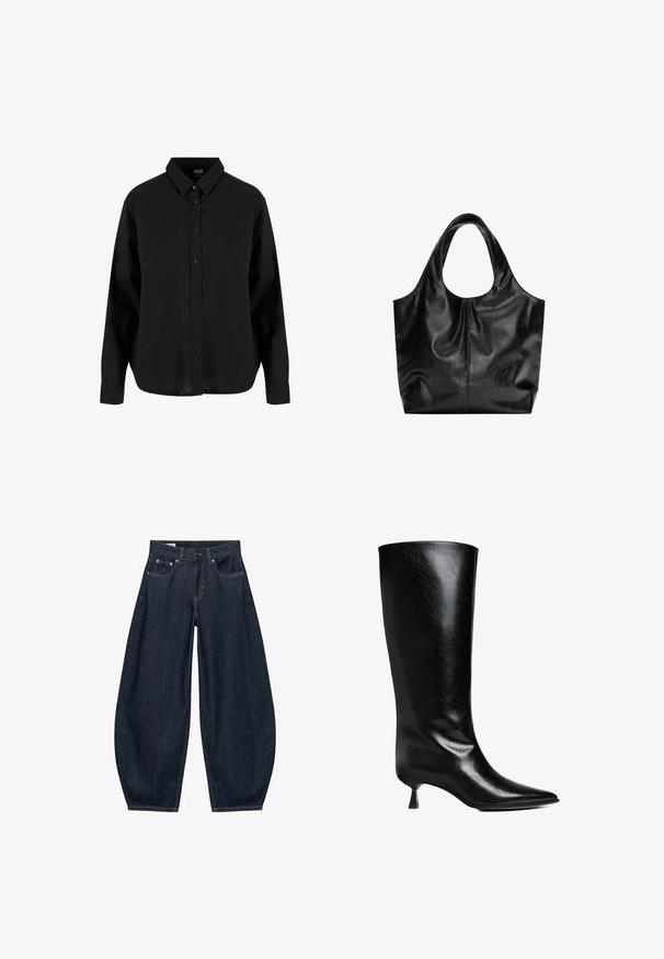 Zwarte lange mouwen blouse met knopen, gemaakt van katoen, met een klassieke kraag, voorknoopsluiting en een ontspannen pasvorm met een gebogen zoom.; Donkerblauwe denim jeans met wijde pijpen, voorzakken, riemlussen en een knoopsluiting in de taille.; Zwarte leren laars tot de knie met een puntige neus, slank silhouet en een lage blokhak met een glanzende afwerking.; Zwarte leren tote bag met een gladde textuur, een zachte ronde bovenkant en brede handvatten. Kenmerkt zich door minimale stiksels en een slungelige silhouet.