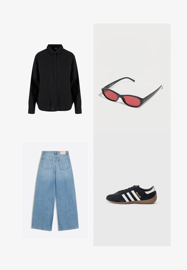 Zwarte lange mouwen blouse met knopen, gemaakt van katoen, met een klassieke kraag, voorknoopsluiting en een ontspannen pasvorm met een gebogen zoom.; Lichtblauwe denim jeans met wijde pijpen, twee achterzakken en een klein beige merkje op de tailleband.; Zwarte suède sneaker met drie witte strepen, een rubberen gumzool en een klein gouden logo aan de zijkant. Heeft een gladde zwarte binnenvoering.; Zwarte ovale zonnebril met slanke pootjes en rood getinte glazen, rustend op een witte ondergrond.