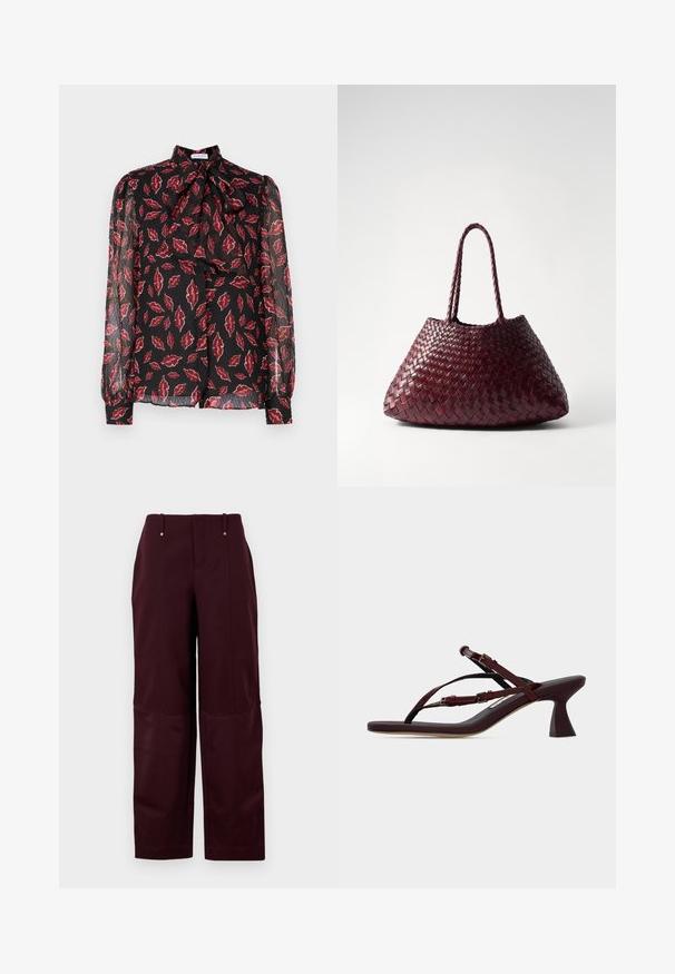 Hofmann Copenhagen NOLA - Hemdbluse - kiss me red; Burgunderfarbene Hose mit lockerer Passform, ausgestattet mit einer glatten Textur, zwei Fronttaschen und zwei Zierknöpfen am Bund.; Dunkelrote Riemchen-Sandale mit verstellbaren Schnallen und einem ausgestellten, mittelhohen Absatz auf einer ebenen Fläche.; DRAGON DIFFUSION SANTA CROCE BIG - Handtasche - bordo