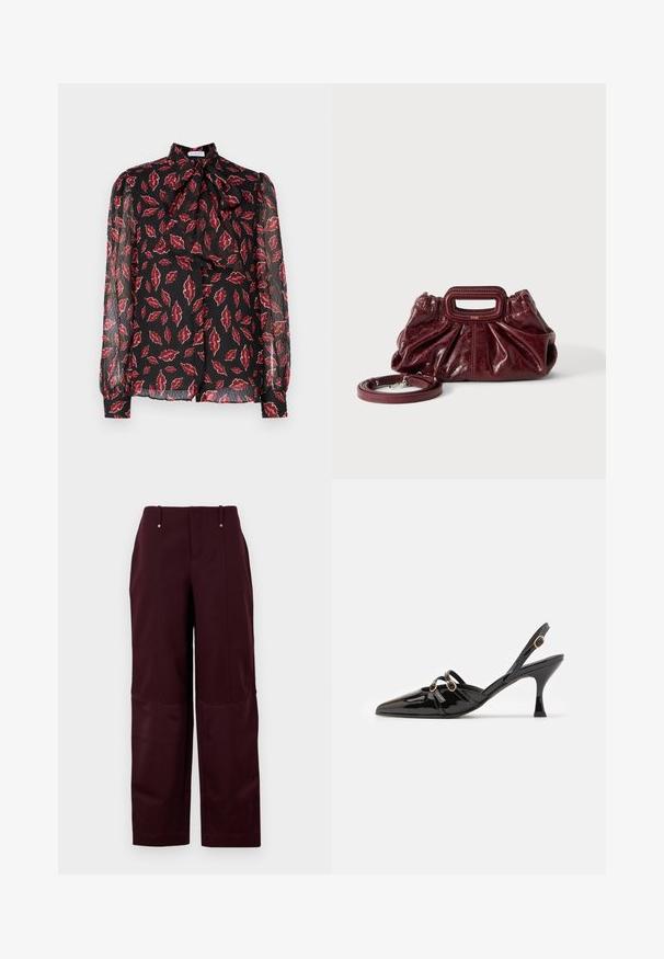 Hofmann Copenhagen NOLA - Skjortebluser - kiss me red; Bordeaux bukser med en afslappet pasform, der har en glat tekstur, to forlommer og to dekorative knapper i taljen.; ALOHAS JOELLE ONIX - Pumps - black; Lille mørkerød læderhåndtaske med opsamlet struktur, rektangulært håndudskåret håndtag og aftagelig skulderrem på hvid baggrund.