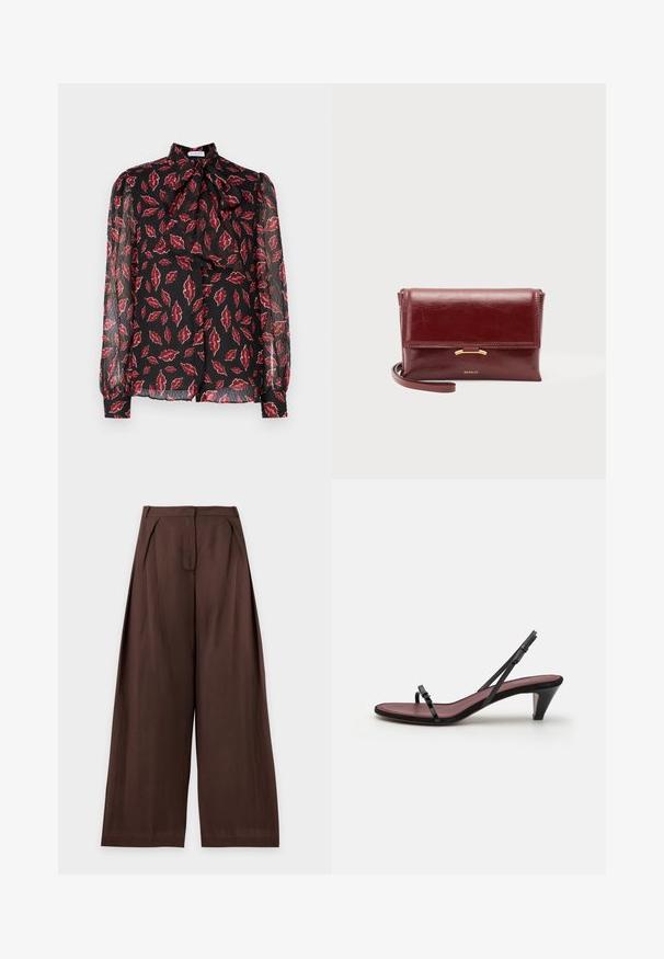 Hofmann Copenhagen NOLA - Blusa - kiss me red; Pantalones marrones de pierna ancha con plisados delanteros y cintura alta, colocados planos sobre un fondo claro.; Sandal de tacón negro con tiras finas y una pequeña hebilla decorativa. La plantilla es de un color burdeos contrastante y cuenta con un tacón cónico delgado.; Pequeño bolso de mano de cuero burdeos con cierre de solapa, detalle dorado y correa para la muñeca, apoyado sobre un fondo liso.