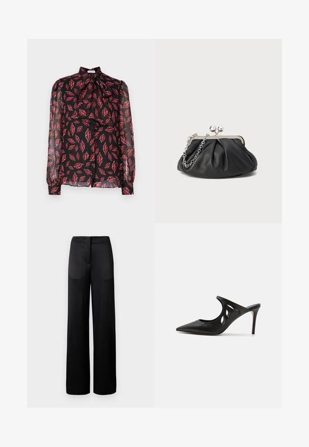 Hofmann Copenhagen NOLA - Skjortebluser - kiss me red; Bredbenede sorte bukser med en tekstureret overflade, der har en flad talje og to sidelommer. Stoffet ser let og strømmende ud.; Sorte læder højhælede mules med spids tå, udskåret sideskærm og glat tekstur. Stiletthæl og subtil syning.; Sort læder clutch med samlet tekstur, sølvfarvet metalramme, kys-lås lukning og kædestrop. Glat, blød overflade.