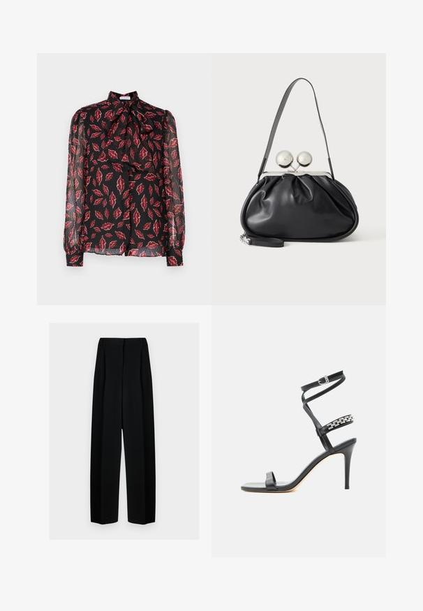 Hofmann Copenhagen NOLA - Hemdbluse - kiss me red; Schwarze weit geschnittene Hosen mit hoher Taille, die Falten und eine glatte Textur aufweisen. Der Stoff wirkt leicht und fällt elegant.; Schwarze Sandalette mit hohem Absatz, schlankem Knöchelriemen, Mittelriemen verziert mit silbernen Kettengliedern und offenem Zehendesign.; Schwarze Ledertasche mit gerafftem Design, einem einzelnen Riemen, silbernem Metallrahmen und zwei großen runden silbernen Verschlüssen.