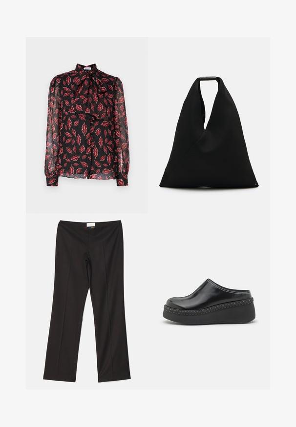 Hofmann Copenhagen NOLA - Skjortebluser - kiss me red; Sara Battaglia HIGH WAIST PANTS - Bukser - black; Sorte blanke klodser med platform, rund tå, buet overdelen og kontrasterende hvid sting langs kanten af sålen.; Sort stof tote bag med et unikt V-formet design og en glat overflade. Har et kort håndtag med minimalistisch hardware detaljer.