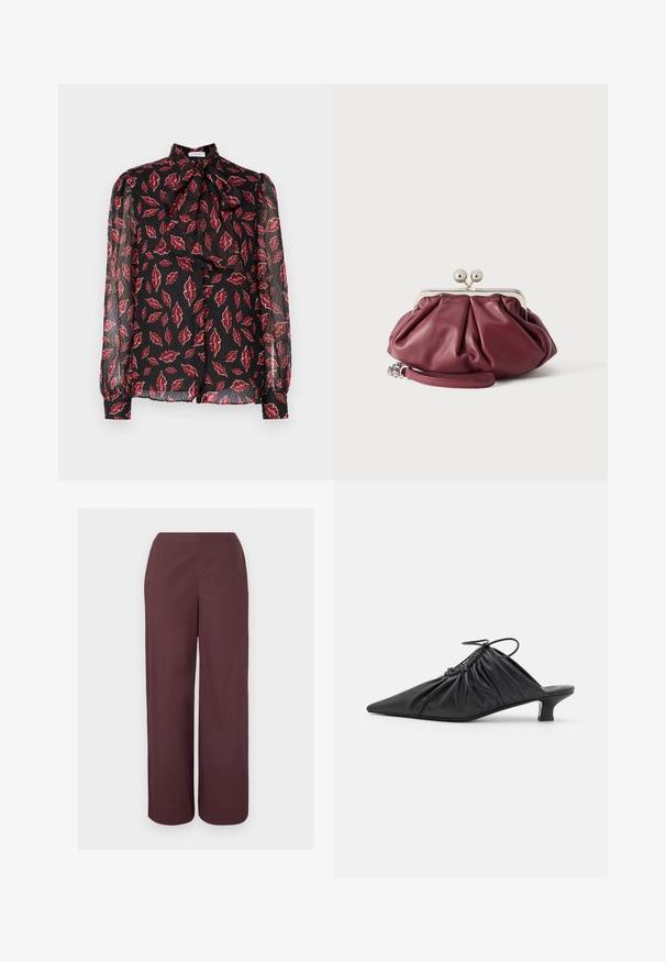 Hofmann Copenhagen NOLA - Skjortebluser - kiss me red; Brune bredbenede bukser med høj talje, glat front og sidelommer, vist mod en ensartet lys baggrund.; Sorte læder slip-on mules med spids tå, samlet tekstur og en lille kitten heel. Har en snor-detalje ved åbningen.; Lille bordeaux rød læder clutch-pung med sølv metal lukning og håndledsrem på hvid baggrund.