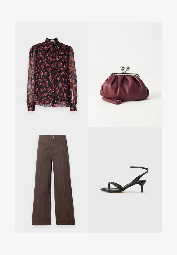 Hofmann Copenhagen NOLA - Hemdbluse - kiss me red; Braune weit geschnittene Hose aus glattem Stoff, mit Vorderteilnähten und einem einzelnen Metallknopfverschluss am Bund.; Schwarze Ledersandale für Damen mit dünnen Riemchen, einer Zehenlasche, einer Knöchelschnalle und einem mittelhohen Stöckelabsatz vor neutralem Hintergrund.; Kleine burgunderrote Lederclutch mit silbernem Metallverschluss und Handgelenksriemen auf weißem Hintergrund.