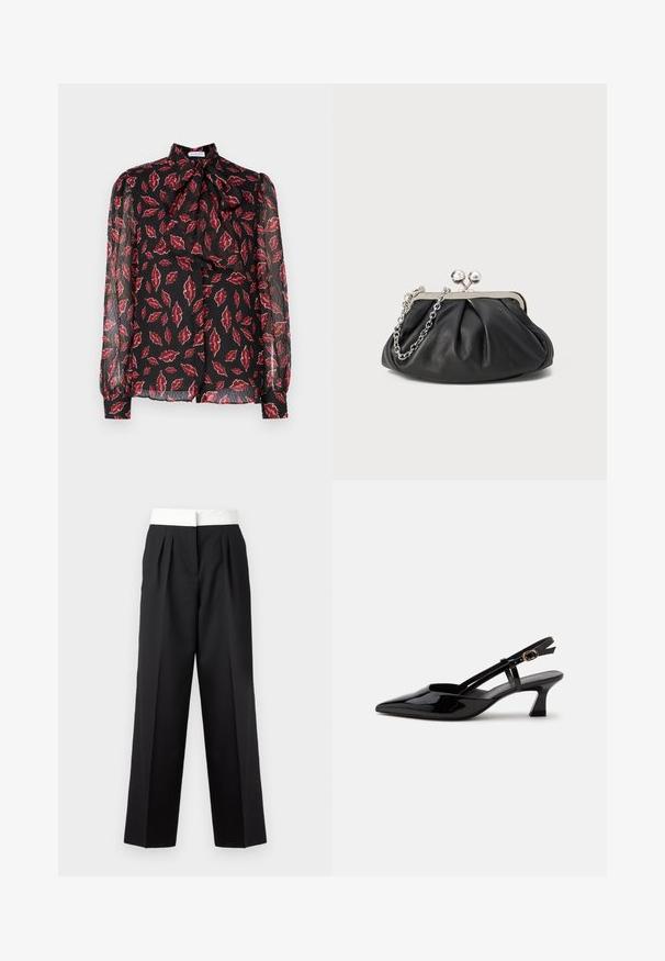 Hofmann Copenhagen NOLA - Hemdbluse - kiss me red; Schwarz gefaltete Hose mit breitem weißen Bund, gerader Schnitt und eleganter Textur für einen strukturierten Look.; Schwarzer Slingback-Pumps aus Lackleder mit spitzer Spitze und verstellbarem goldfarbenem Riemen auf weißem Hintergrund.; Schwarze Leder-Clutch mit geraffter Textur, silberfarbener Metallrahmen, Druckverschluss und Kettenriemen. Glatte, weiche Oberfläche.