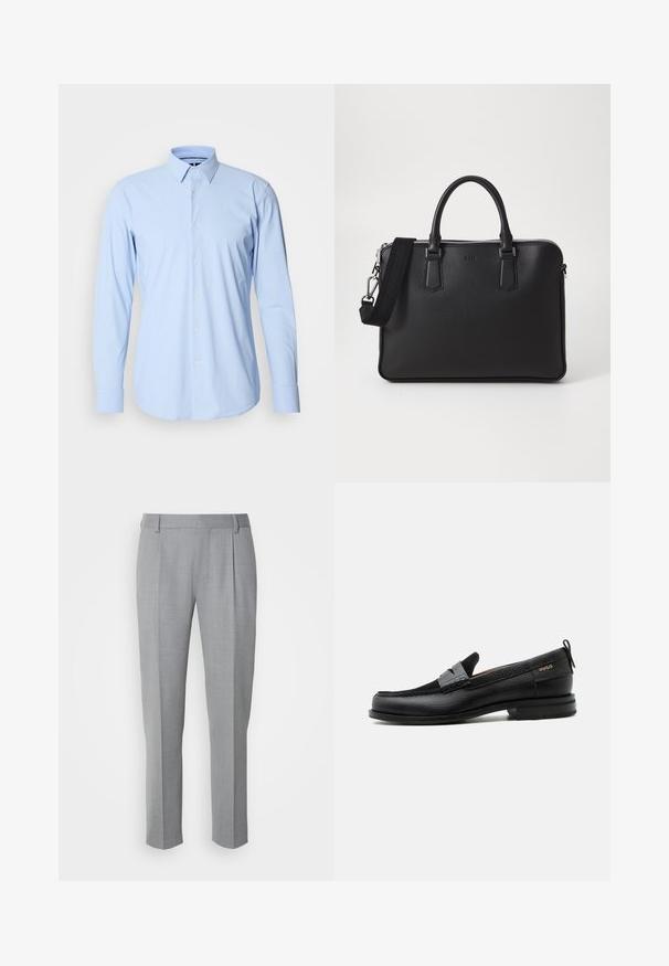 Lichtblauwe lange mouwen shirt gemaakt van een katoenmix, met een knoopsluiting aan de voorkant, enkele manchetten en een klassiek kraagontwerp.; Grijze op maat gemaakte broeken met een gladde textuur, voorzien van een platte voorkant, rechte pijpen en subtiele plooien voor extra details.; Zwarte leren loafer met grijs riemdetailelement, lage hak en gestructureerde zool, aan de zijkant gebrandmerkt met "HUGO" in goud.; Zwarte leren tas met een gestructureerd oppervlak, dubbele handgrepen en een afneembare schouderriem. Bevat zilveren ritsen en minimalistische ontwerpelementen.
