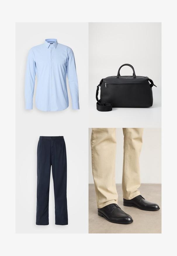 Lichtblauwe lange mouwen shirt gemaakt van een katoenmix, met een knoopsluiting aan de voorkant, enkele manchetten en een klassiek kraagontwerp.; Navyblauwe broek van een katoenmix. Heeft een recht model, een sluiting met een voorste knoop en subtiele plooien. Gladde textuur.; Zwarte leren veterschoenen met een ronde neus, een gladde afwerking en subtiele stikdetails, gedragen met lichtbeige broeken.; Zwarte leren reistas met twee bovenhandvaten, een afneembare schouderband en een ritsvak aan de voorkant voor extra opbergruimte.