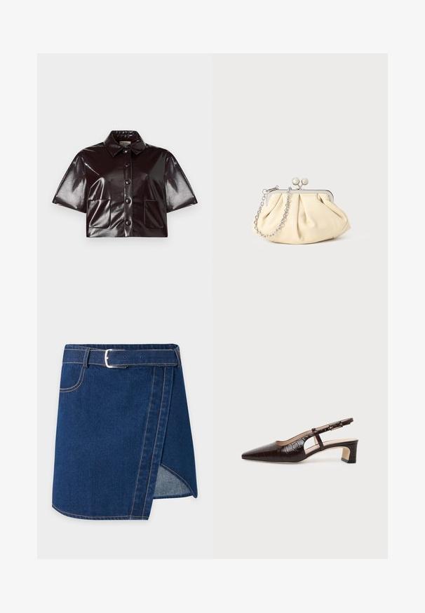 Chemise courte à manches courtes en matériau verni bourgogne foncé, dotée d'un col, de boutons sur le devant et de deux poches plaquées.; Jupe portefeuille en denim bleu foncé avec une ceinture assortie, une boucle argentée et des coutures orange visibles sur un fond clair uni.; Chaussure slingback en cuir marron foncé à texture crocodile, bout pointu, talon bas bloc et bride ajustable avec boucle dorée.; Pochette en cuir beige plissé avec un cadre en métal argenté, dotée de deux fermoirs ronds décoratifs et d'une chaîne en argent.