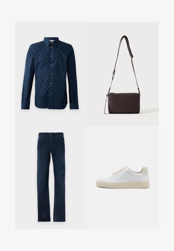 Mørkeblå skjorte med knaplukning, der har et farverigt bogstavmønster, lange ærmer og en klassisk krave. Regular fit og glat tekstur.; Mørkeblå denim jeans med lige ben, fem lommer, knapåbning og kontrasterende syninger langs sømmene.; Hvide sneakers med en glat læderoverdel, beige snørebånd og en tekstureret beige ruskindsheel-tab. Hævet sål for ekstra højde.; Mørkebrun textured læder crossbody taske med justerbar rem og lille dekorativ blå accent på siden.