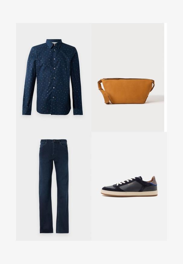 Mørkeblå skjorte med knaplukning, der har et farverigt bogstavmønster, lange ærmer og en klassisk krave. Regular fit og glat tekstur.; Mørkeblå denim jeans med lige ben, fem lommer, knapåbning og kontrasterende syninger langs sømmene.; Lavtop navy sneaker med hvide snørebånd, beige sål, ruskind- og læderpaneler, gråt hælstykke og lille gyldent "Paul Smith"-mærke på siden.; Lys brun læder crossbody taske med justerbar rem og lynlås, vist mod en ensartet lys baggrund.