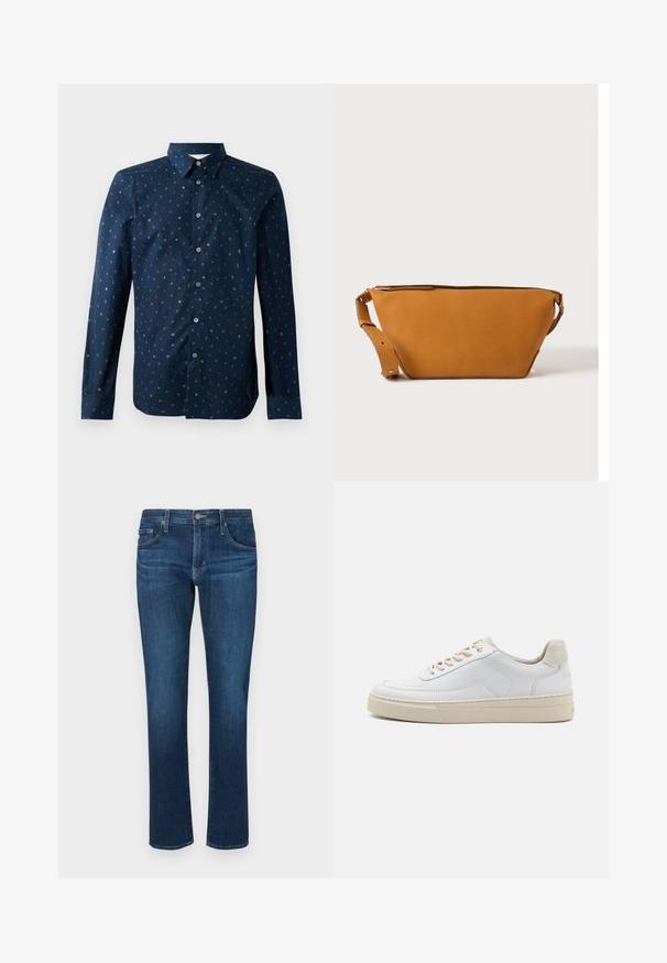 Chemise bouton de marine à manches longues, ornée d'un motif de lettres coloré, avec un col classique, une coupe regular et une texture lisse.; Jean en denim bleu foncé avec une coupe droite, style cinq poches classique et fermeture à bouton au niveau de la taille. Texture lisse.; Sneaker blanche avec un dessus en cuir lisse, des lacets beige et un onglet de talon en daim beige texturé. Semelle surélevée pour une hauteur supplémentaire.; Sac bandoulière en cuir marron clair avec sangle réglable et fermeture éclair, présenté sur un fond clair uni.