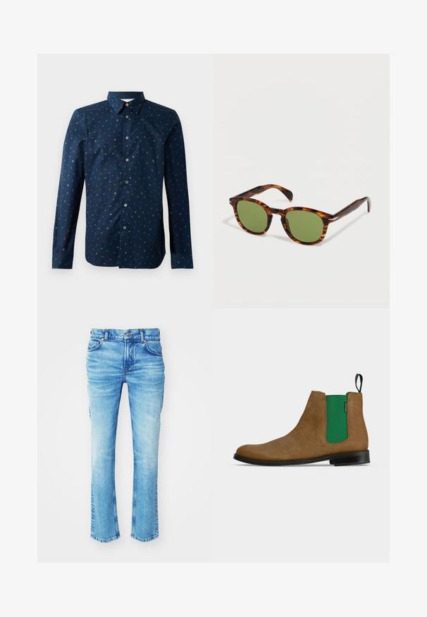 Mørkeblå skjorte med knaplukning, der har et farverigt bogstavmønster, lange ærmer og en klassisk krave. Regular fit og glat tekstur.; Blå denimjeans med en størkningsvask, lige ben-design og rå kant. Har fem lomme-styling og metalknapdetaljer.; Brun ruskind Chelsea-støvle med grønt elastisk sidepanel og sort sål, set fra ydersiden mod en ensfarvet baggrund.; Skildpaddedesign rammesolbriller med runde grønne linser, der ligger på en hvid overflade.