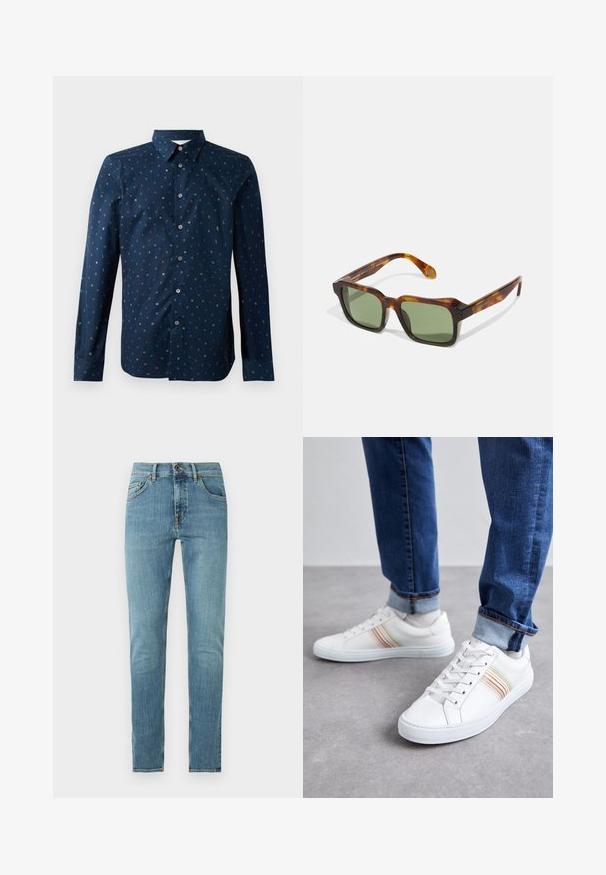 Mørkeblå skjorte med knaplukning, der har et farverigt bogstavmønster, lange ærmer og en klassisk krave. Regular fit og glat tekstur.; Lyseblå slim-fit denimjeans med fem lommer, knaplukning og diskret falmning på lårene og knæene.; Hvide lædersneakers med multicolore striber, snørebåndsdesign, gummisål og polstret krave, parret med blå denimjeans.; Firkantede solbriller med en skildpaddefarvet stel, grønne linser og tykke arme. Har skarpe hjørner og en blank overflade. Justerbar pasform.