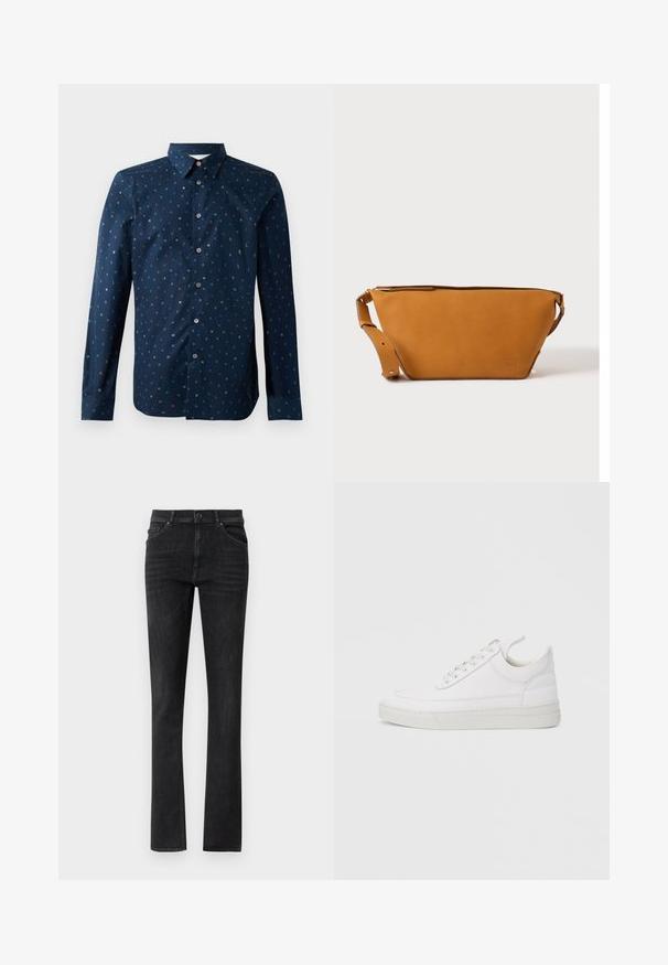 Mørkeblå skjorte med knaplukning, der har et farverigt bogstavmønster, lange ærmer og en klassisk krave. Regular fit og glat tekstur.; Sorte denim jeans med lige ben, der har frontlommer og en knaplukning. Glat tekstur med subtil fading.; Hvid lædersneaker med rundet tå, flad sål og snørebånd foran. Har syningsdetaljer og polstret krave for komfort.; Lys brun læder crossbody taske med justerbar rem og lynlås, vist mod en ensartet lys baggrund.