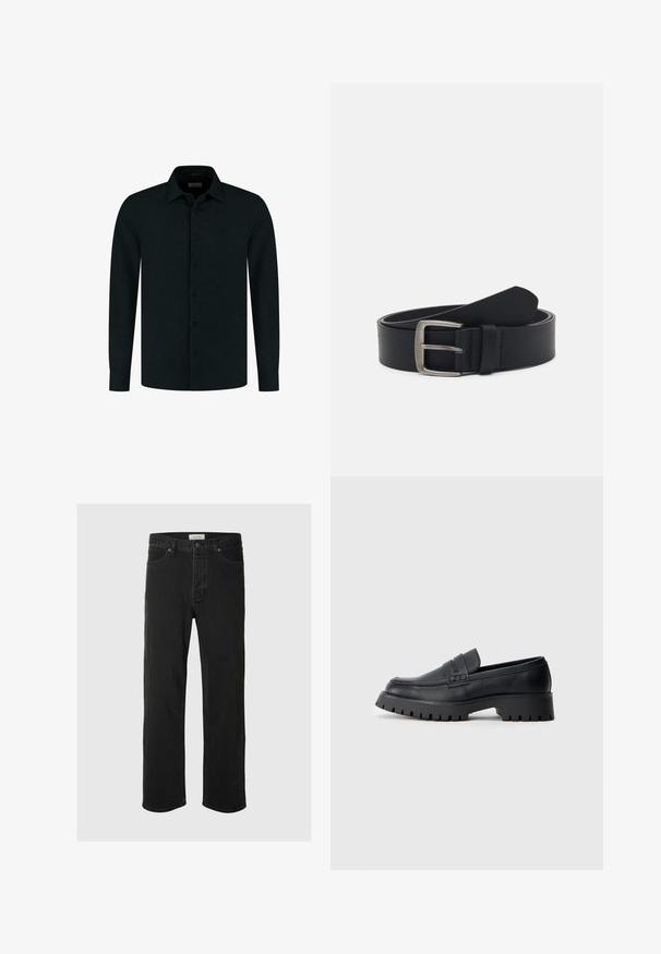 Chemise à manches longues bleu foncé, boutonnée sur le devant, col classique, logo discret sur la poitrine et cinq boutons assortis.; Des jeans en denim noir à coupe droite disposent d'un design classique à cinq poches avec fermeture à bouton, de coutures minimales et d'une texture douce.; Mocassins en cuir noir avec un bout arrondi, présentant une sangle décorative et une semelle en caoutchouc épaisse avec de profonds crampons pour une meilleure adhérence.; Ceinture en cuir noir avec une boucle en métal argenté, présentant une finition lisse et un design classique. La ceinture est enroulée avec l'extrémité pointée.